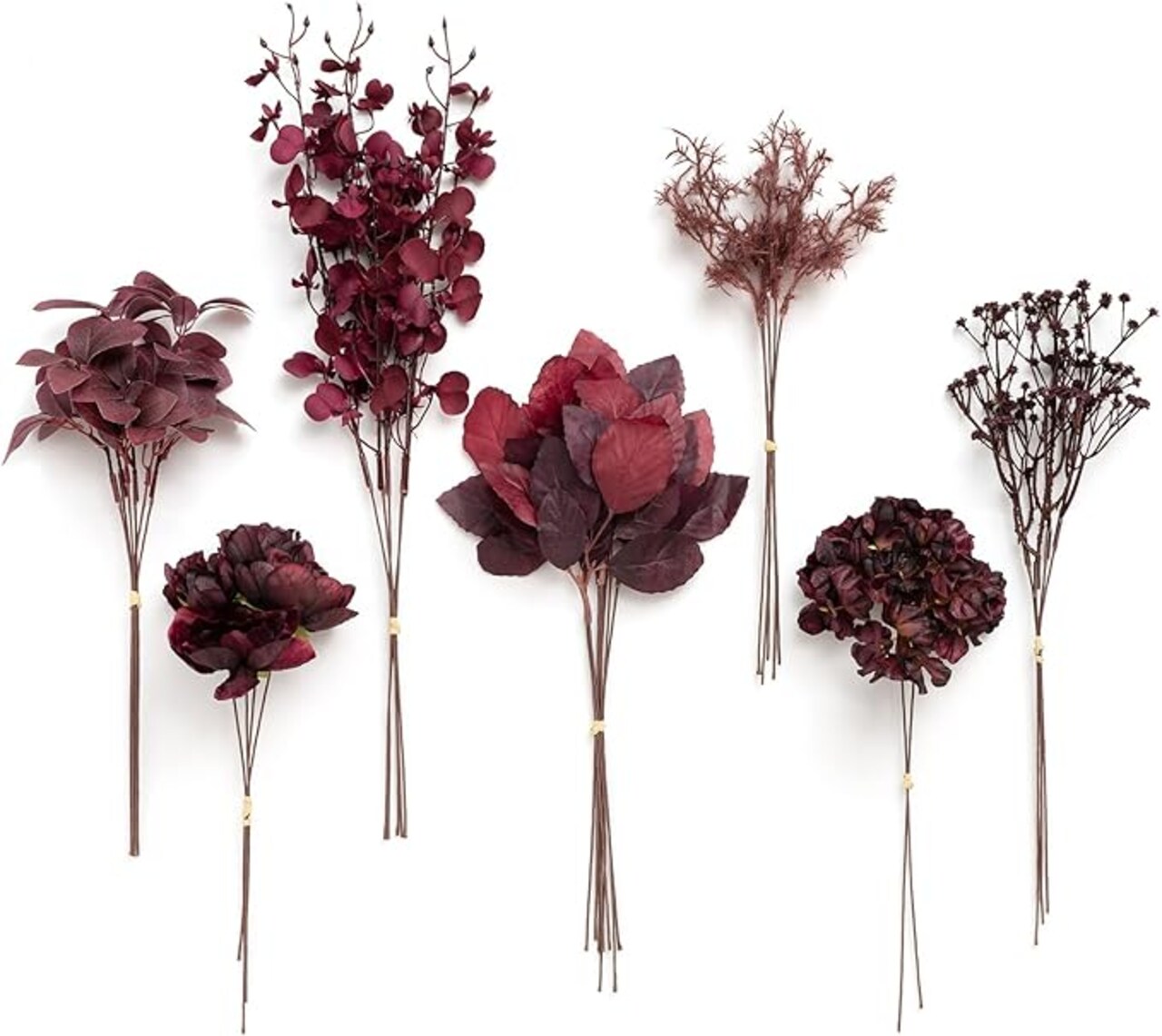 Artificial Greenery Stems Box Set, 35pcs with 7 Kinds of Faux Flowers Picks for DIY Bridal Bouquets Wedding Floral Arrangement Table Centerpieces, Moody Burgundy